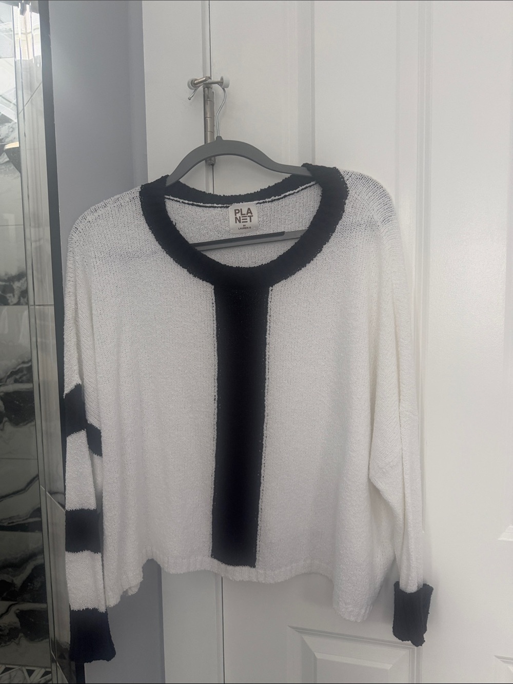Planet Collection White Crewneck Sweater with Black Center Stripe